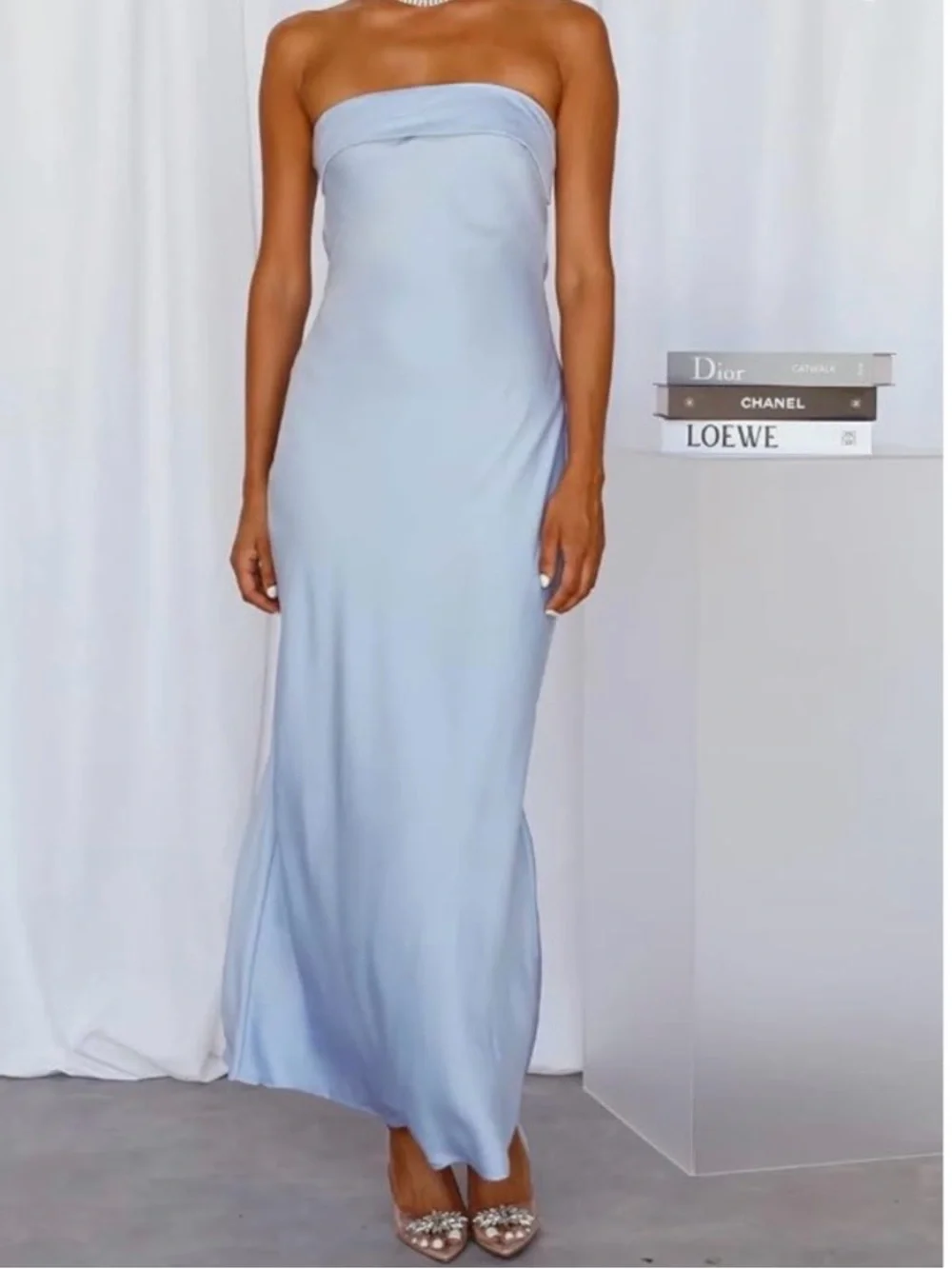 Realtix Strapless Light Blue Cowl-Back Maxi Dress, size Small NWT